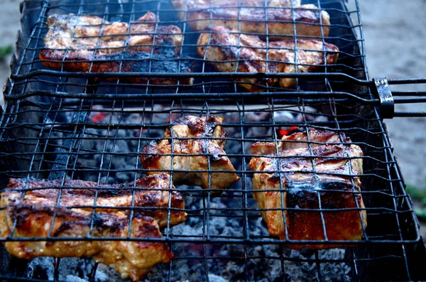 Gotowanie Mięsa Węgiel Drzewny Ogrodzie Grill Świeżym Powietrzu — Zdjęcie stockowe