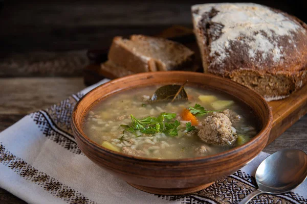 Soup Meatballs Clay Ceramic Bowl Folk Napkin Old Wooden Table — Stock Photo, Image