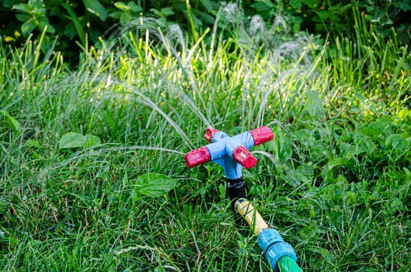 Watering the lawn in the garden. Water sprinkler for watering the lawn in the garden on a summer day.