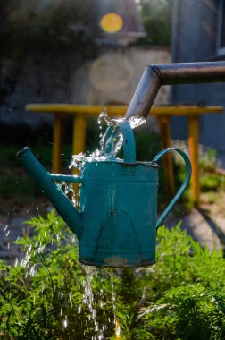 Bahçe sütunundan eski bir bahçe sulama kutusuna su dökülüyor..