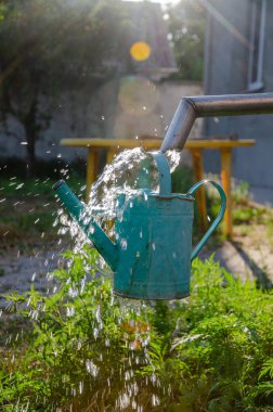 Bahçe sütunundan eski bir bahçe sulama kutusuna su dökülüyor..