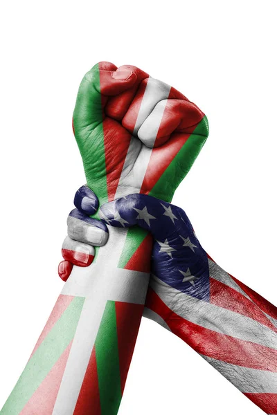 AMERICAN VS Pays Basque - cmjn, Fist painted in colors of Pays Basque - cmjn  flag, fist flag, country of Pays Basque - cmjn