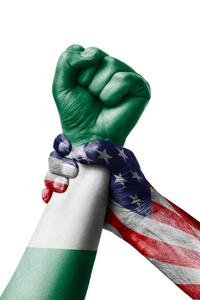 美国人对尼日利亚 拳头画在尼日利亚国旗 拳头旗 尼日利亚国家的颜色 — 图库照片
