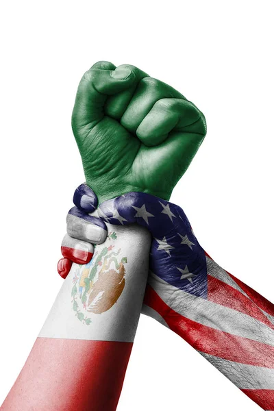 アメリカ対メキシコ メキシコ国旗 拳フラグ メキシコの国の色に塗られた拳 — ストック写真