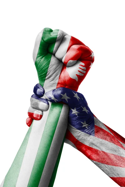 美国对阿布哈兹 拳头画在阿布哈兹国旗 拳头旗 阿布哈兹国家的颜色 — 图库照片
