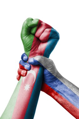 Rusya Vs Azerbaycan, yumruk Azerbaycan bayrağı, yumruk bayrak, ülke Azerbaycan'ın renklerde boyanmış.