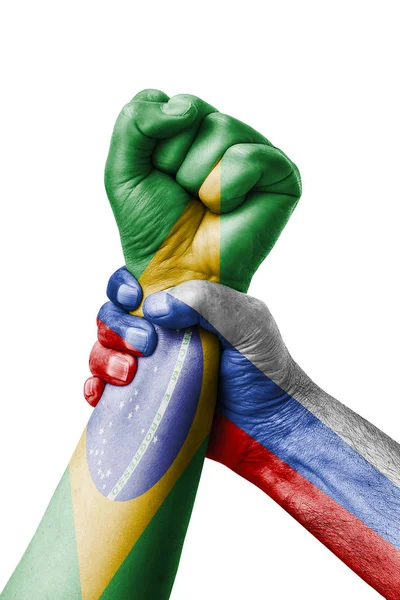 Russia Brazil Fist Painted Colors Brazil Flag Fist Flag Country — Stock Photo, Image