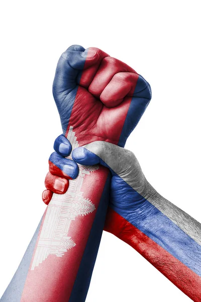 ロシア対カンボジア カンボジア国旗 拳フラグ カンボジアの国の色に塗られた拳 — ストック写真