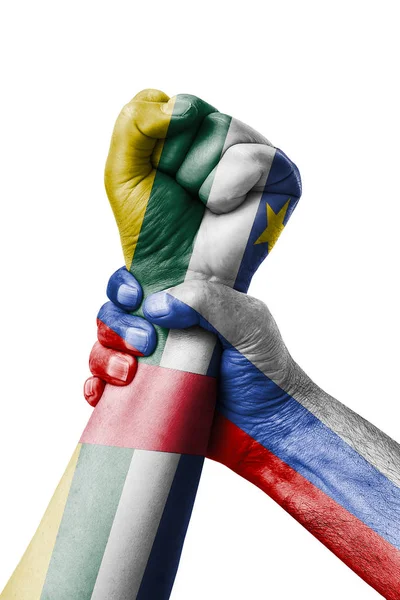俄罗斯对中非代表 拳头画在中非代表旗子的颜色 拳头旗子 国家中非代表 — 图库照片