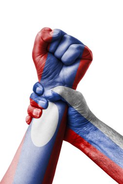 Rusya Vs Laos, yumruk Laos bayrağı, yumruk bayrak, ülke Laos renklerde boyanmış.