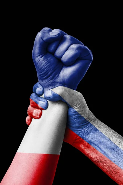 ロシア対フランス フランス国旗 拳フラグ フランスの国の色に塗られた拳 — ストック写真