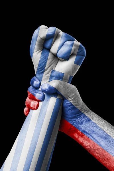 Russia VS Greece, Fist painted in colors of Greece flag, fist flag, country of Greece