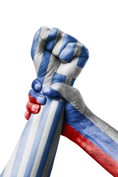 Russia VS Greece, Fist painted in colors of Greece flag, fist flag, country of Greece