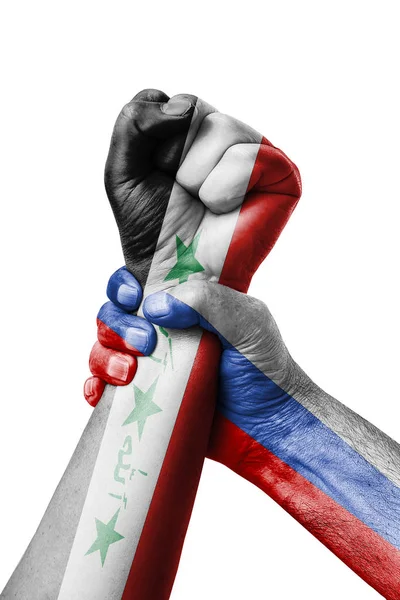 Russia Iraq Fist Painted Colors Iraq Flag Fist Flag Country — Stock Photo, Image