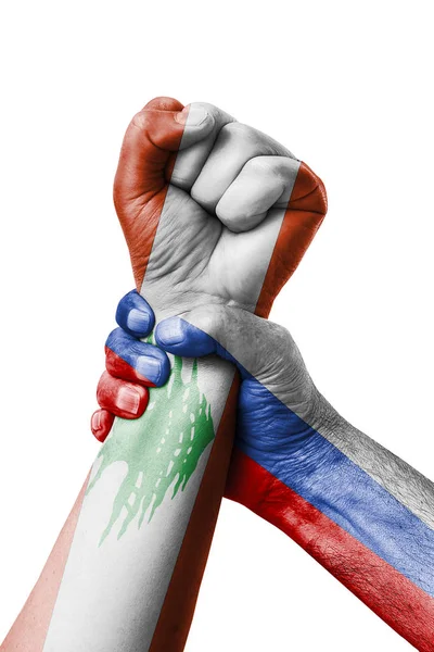 Russia Lebanon Fist Painted Colors Lebanon Flag Fist Flag Country — Stock Photo, Image