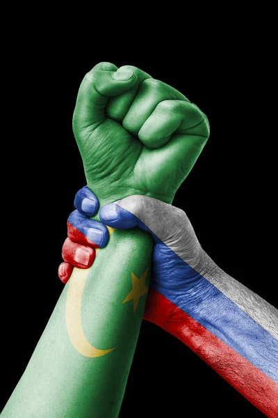 Росія Проти Мавританії Кулак Пофарбовані Кольори Мавританії Прапор Прапор Кулак — стокове фото