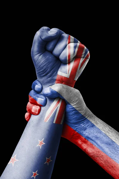 Rusia Nueva Zelanda Puño Pintado Colores Bandera Nueva Zelanda Bandera —  Fotos de Stock