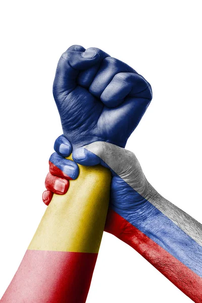 Russia Romania Fist Painted Colors Romania Flag Fist Flag Country — Stock Photo, Image