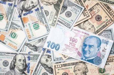 Yakın çekim Türk bir yüz Lirası ve bize bir yüz dolarlık banknot.
