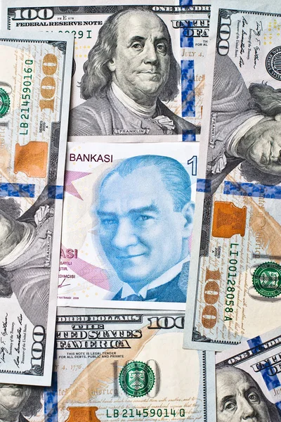 Nahaufnahme Türkische Hundert Lira Banknote Und Wir Hundert Dollar Banknote — Stockfoto