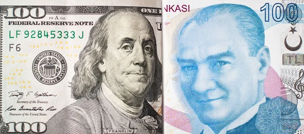 Nahaufnahme Türkische Hundert Lira Banknote Und Wir Hundert Dollar Banknote — Stockfoto