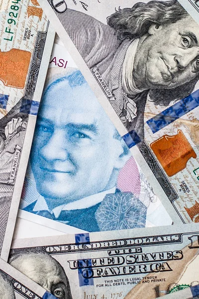 Zbliżenie Lira Turecka Sto Jeden Nas Sto Dolarów Banknotów — Zdjęcie stockowe