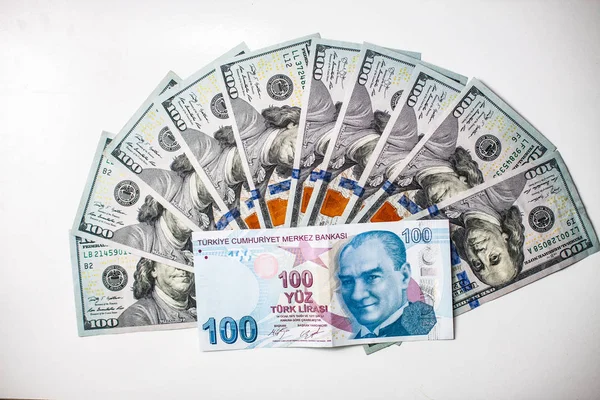 Nahaufnahme Türkische Hundert Lira Banknote Und Wir Hundert Dollar Banknote — Stockfoto