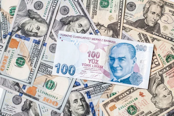 Nahaufnahme Türkische Hundert Lira Banknote Und Wir Hundert Dollar Banknote — Stockfoto
