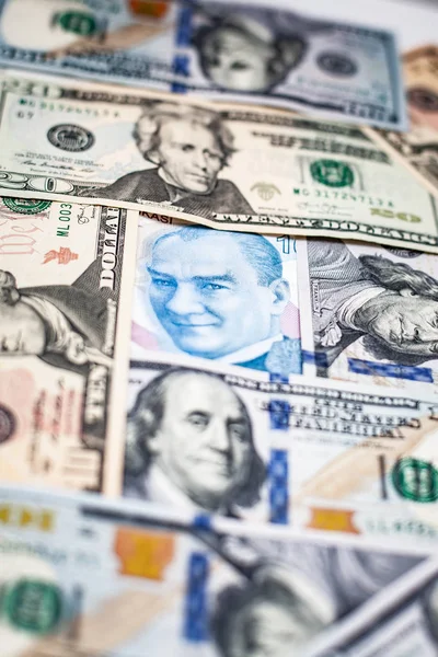 Zbliżenie Lira Turecka Sto Jeden Nas Sto Dolarów Banknotów — Zdjęcie stockowe