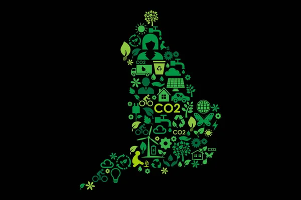Inglaterra Mapa Protección Del Medio Ambiente Iconos Concepto Verde — Vector de stock