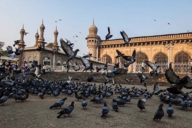 Hyderabad, Hindistan - Ocak, 4, 2018. Mekke Mescidi, Hyderabad, Hindistan ünlü bir anıt önünde güvercinler.