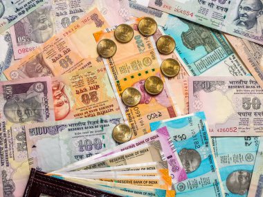 İçinde Hint parası olan cüzdan. 10, 20, 50, 100, 200, 500 ve 2000 Hint rupisi, eski ve yeni banknotlar.