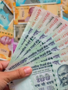 Kızılderili banknotları tutan bir kadının elleri. 10, 20, 50, 100, 200, 500 ve 2000 Hint rupisi, eski ve yeni banknotlar.