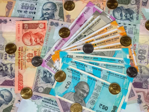100 200 500 2000 Rupias Indias Monedas Billetes Viejos Nuevos — Foto de Stock