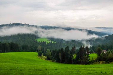 Avusturyalı kırsalında bulutlu dağ manzarası.