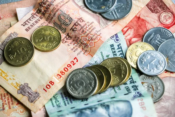 Vista Primer Plano Moneda India Billetes Monedas — Foto de Stock