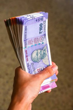 Holding yeni Hint 100, 200, 500, 2000 rupi banknotlar kadının eller.