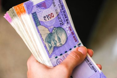 Holding yeni Hint 100, 200, 500, 2000 rupi banknotlar kadının eller.