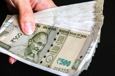 Kadının holding yeni Hint 500 rupi banknotlar eller.