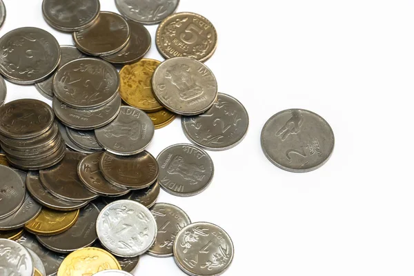 Крупним Планом Індійські Рупії Монети Білому Тлі — стокове фото