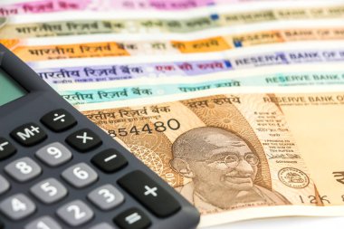 Hesap makinesinin görüntüsünü 10, 50, 100, 200, 500 ve 2000 rupilik banknotlar üzerine kapatın. Renkli para arkaplanı.