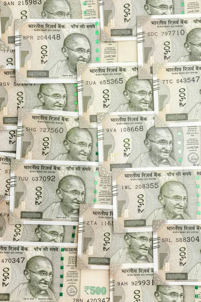 Vista Perto Das Novas Notas Indianas 500 Rúpias Fundo Monetário — Fotografia de Stock