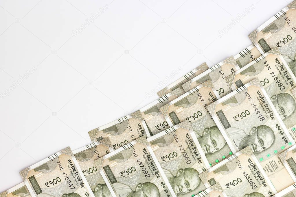 Close up view of brand new indian 500 rupees banknotes. Money background.