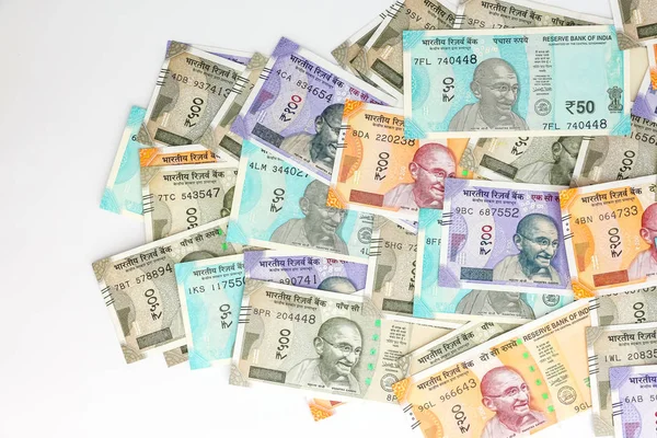 Vista Cerca Los Nuevos Billetes Indios 100 200 500 2000 —  Fotos de Stock