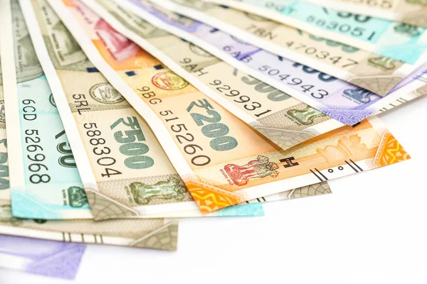 Vista Cerca Los Nuevos Billetes Indios 100 200 500 Rupias — Foto de Stock