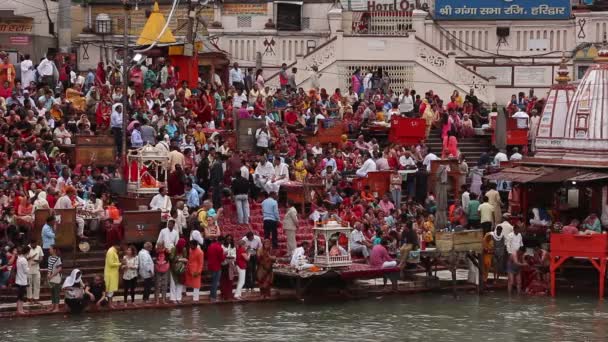 インド ハリドワール 2019年4月頃 ガンガ川堤防の人々 ハーキ パウリハル パウリはハリドワールのガンジス川のほとりにある有名なガートです — ストック動画