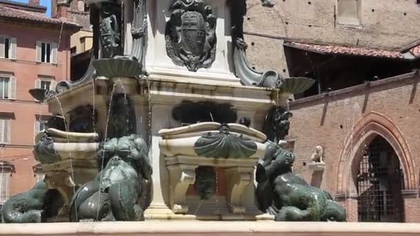 ボローニャ イタリア 2019年6月頃 ネプチューンの噴水 フォンタナ ネトゥーノ 背景にパラッツォ エンツォの眺め — ストック動画