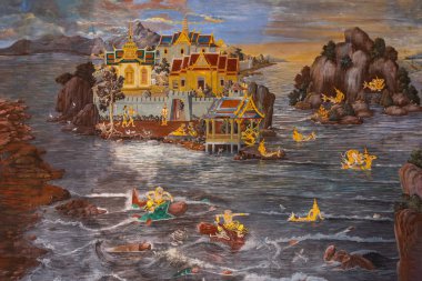 Grand Palace, Bangkok, Tayland 17 Mart 2019 bu yer çevresi duvarına Wat Phra Kaew bu çok güzel, Ramakien hikayesi tasvir duvar resimleri