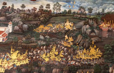 Grand Palace, Bangkok, Tayland 17 Mart 2019 bu yer çevresi duvarına Wat Phra Kaew bu çok güzel, Ramakien hikayesi tasvir duvar resimleri