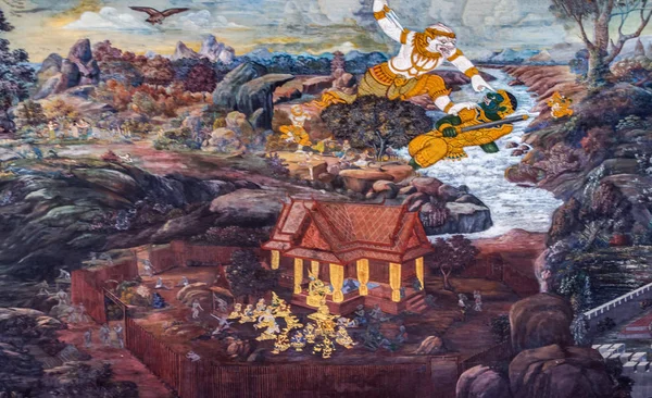 Nástěnné Malby Které Znázorňují Příběh Ramakien Okolí Zdi Wat Phra — Stock fotografie